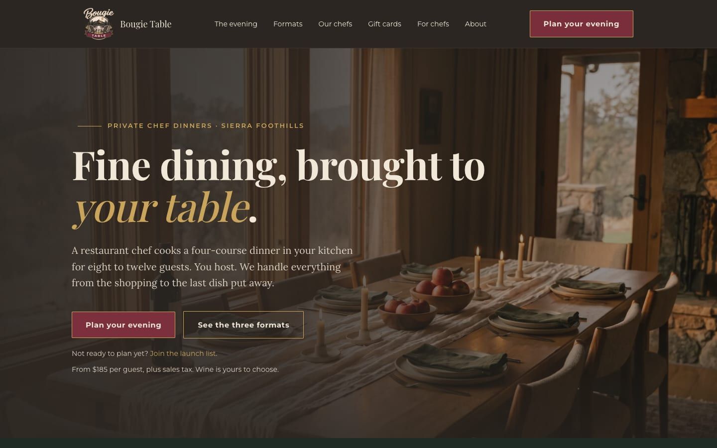 Bougie Table home page: the heading "Fine dining, brought to your table" over a candlelit dining table set for a dinner party.