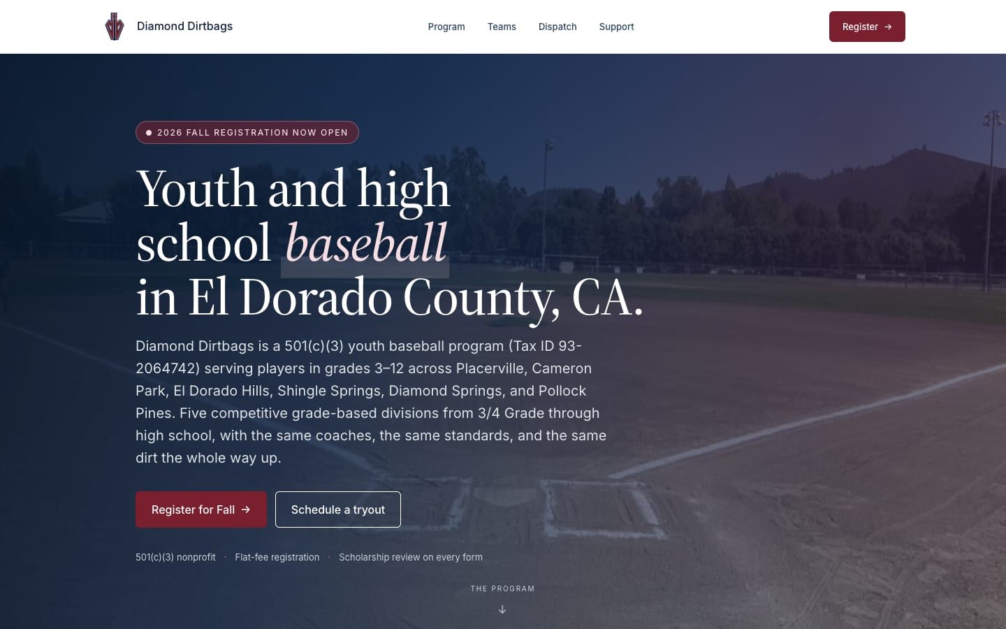 Diamond Dirtbags website, desktop view