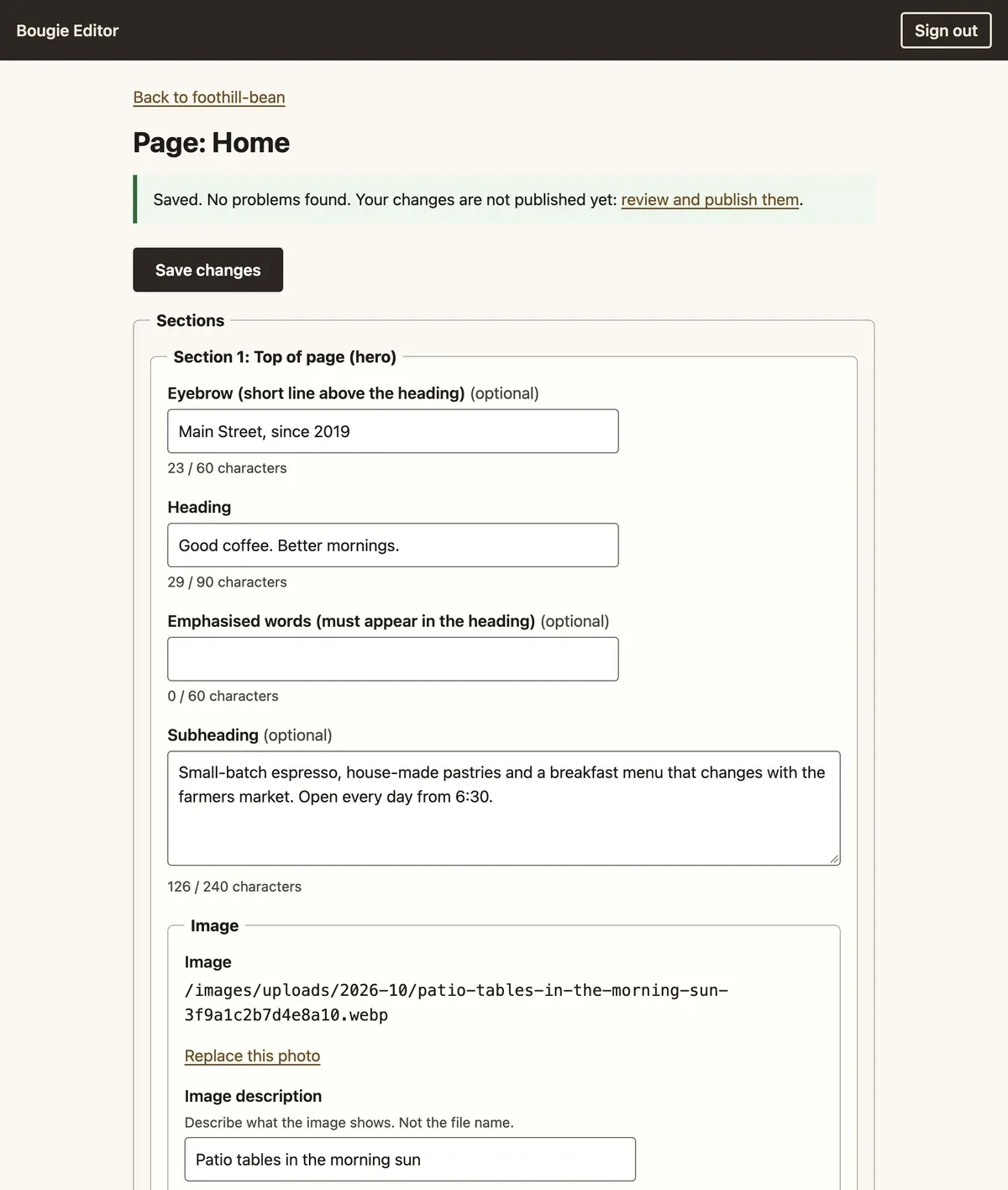 The Bougie Editor edit form for a café home page: labelled boxes for the eyebrow, heading and subheading, each with a live character count such as 29 of 90 characters, and a Replace this photo link under the image.