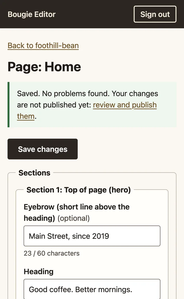 The Bougie Editor open on a phone, editing a café home page