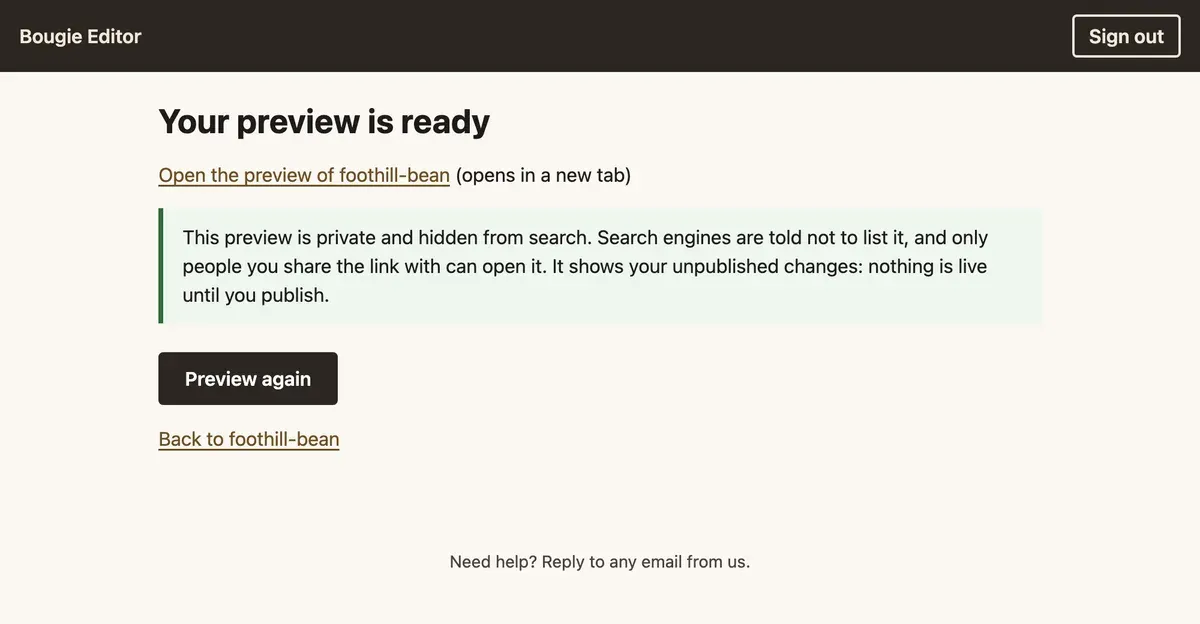 The Bougie Editor preview page reading "Your preview is ready", with a link to open a private preview and a note that nothing is live until you publish.