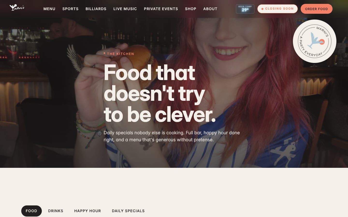 Marni's OC menu page, driven by a Google Sheet