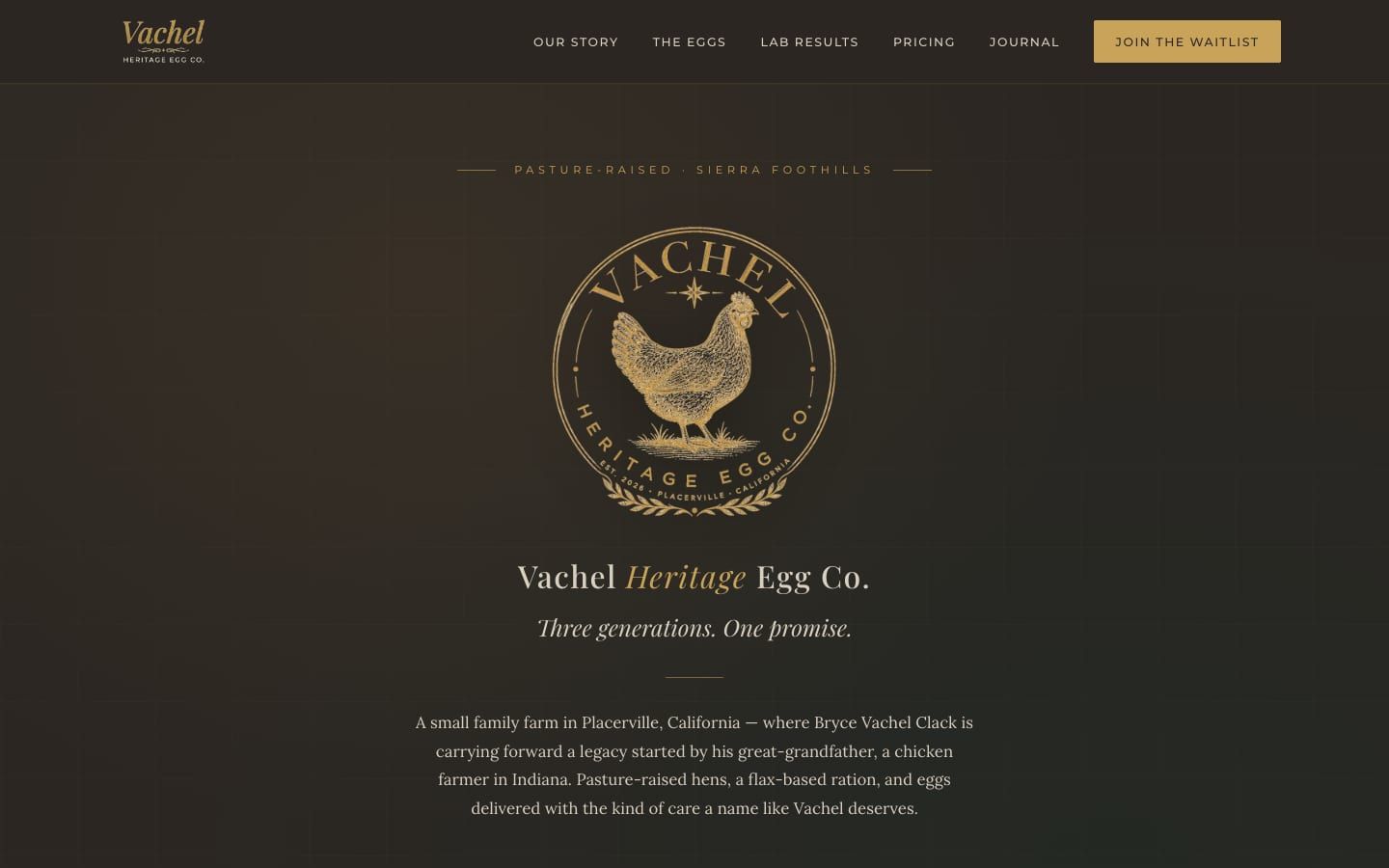 Vachel Heritage Egg Co. website, desktop view