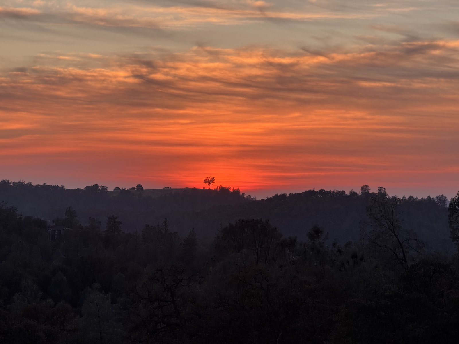 Sunset over oak-dotted hills in the Sierra Foothills of California, the view from the studio